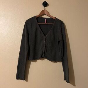 Dark Gray Cropped Knit Unionbay XL Cardigan Riffled Edge